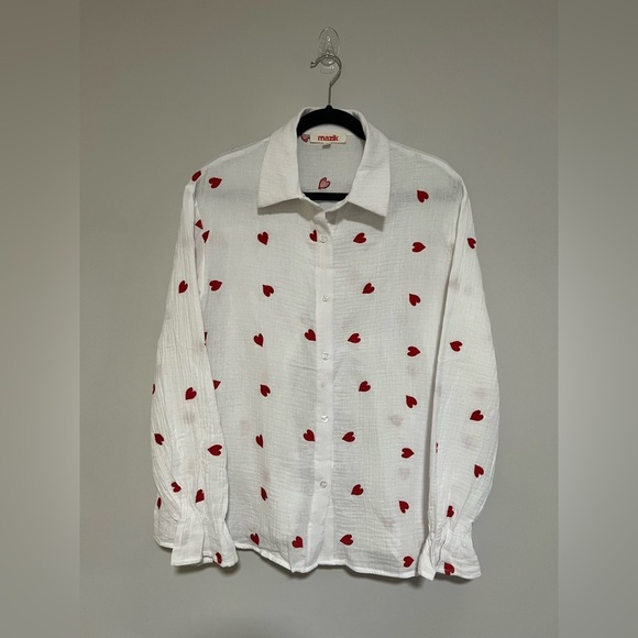 Mazik Embroidered Hearts Long Sleeve Gauzy Cotton Button Down Top Size Large - Picture 1 of 9